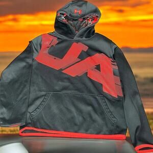 Under Armour Coldgear Youth Kids Large Hoodie Loose Sweatshirt Fleece Black Red